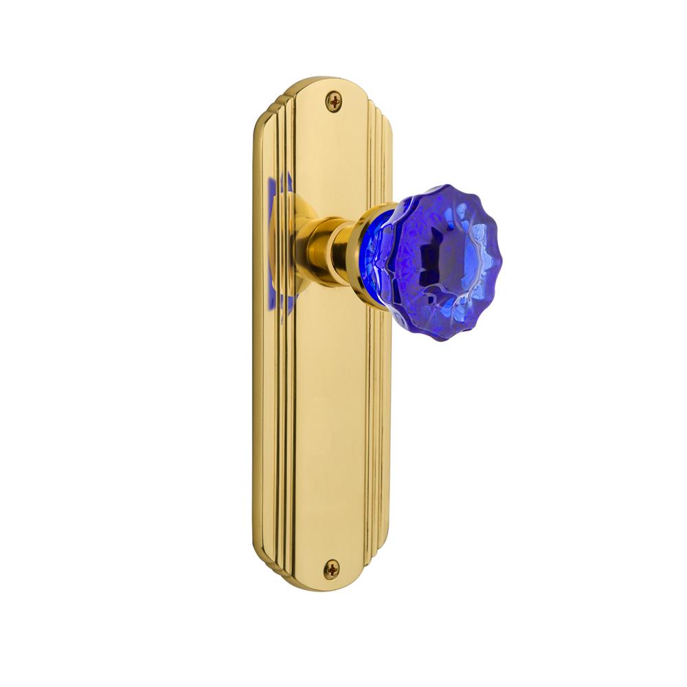 Nostalgic Warehouse DECCRC Colored Crystal Deco Plate Double Dummy Crystal Cobalt Glass Door Knob in Polished Brass
